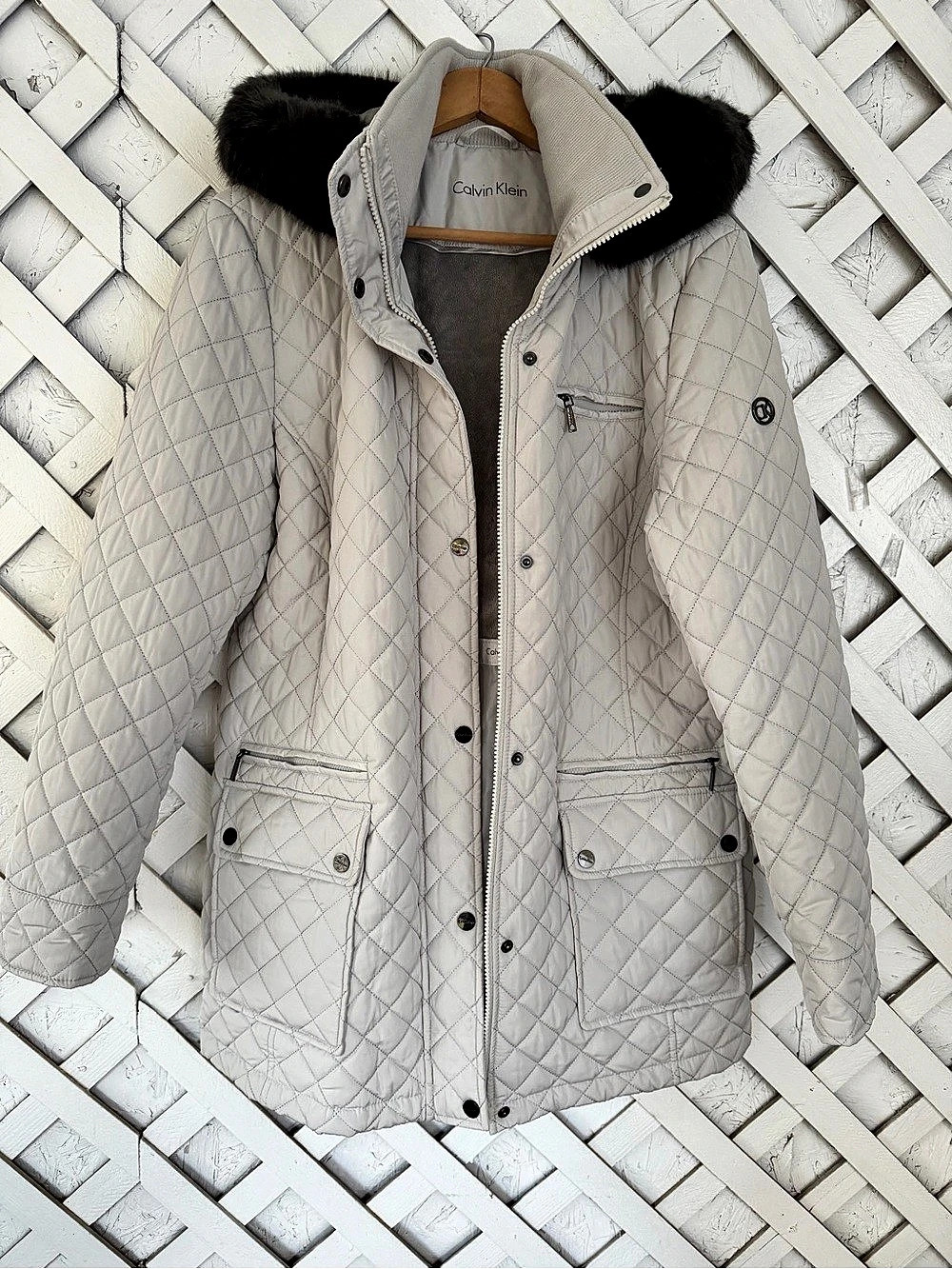 Calvin Klein Quilted Removable Hood Puffer Jacket Ivory Large